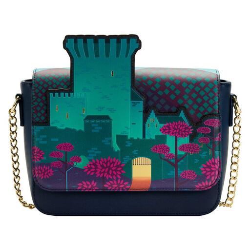 Dark blue crossbody bag featuring Merida's castle. On the back, it shows Merida's brothers as bear cubs. 